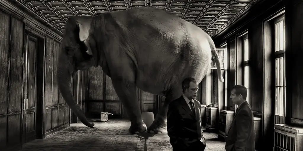 Two men talking to each other in a room with an elephant standing in the middle of the room on a stool